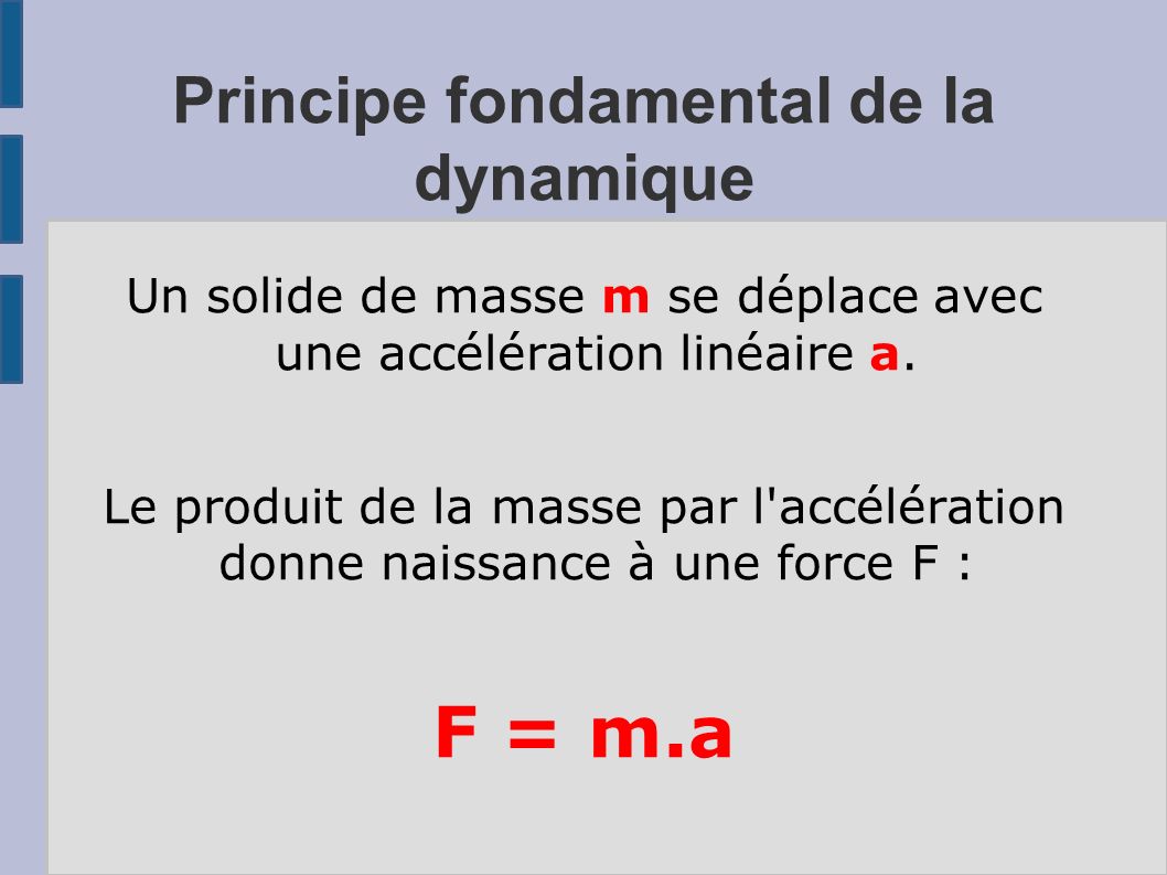 Principe fondamental de la dynamique Un solide de masse m se déplace avec une accélération linéaire a.