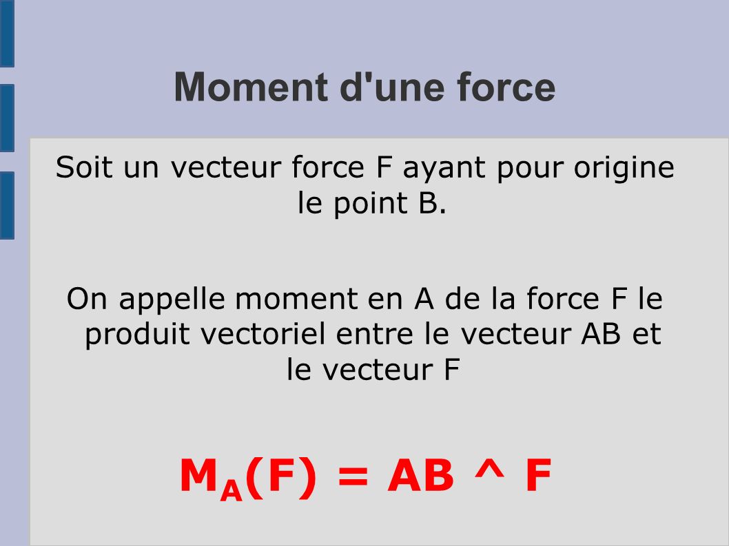 Moment d une force Soit un vecteur force F ayant pour origine le point B.