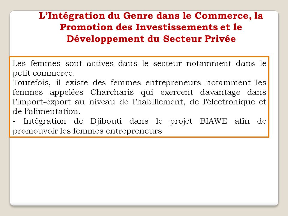 L’Intégration du Genre dans le Commerce, la Promotion des Investissements et le Développement du Secteur Privée Les femmes sont actives dans le secteur notamment dans le petit commerce.