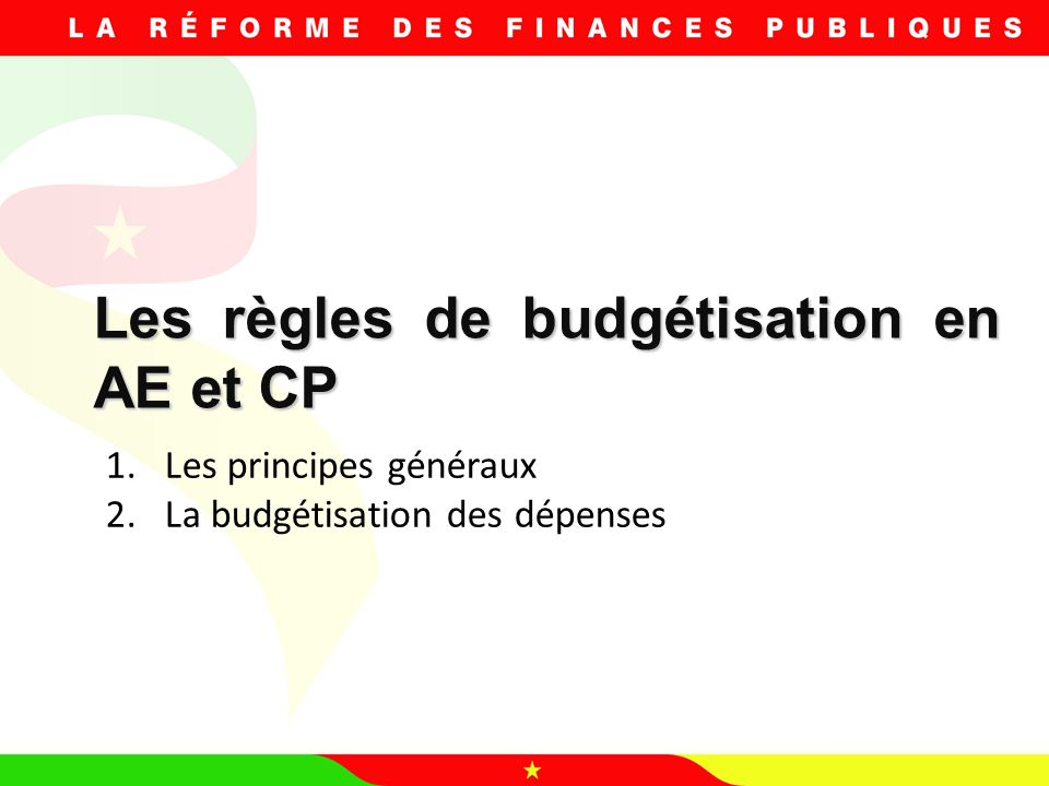 Les règles de budgétisation en AE et CP 1.Les principes généraux 2.La budgétisation des dépenses