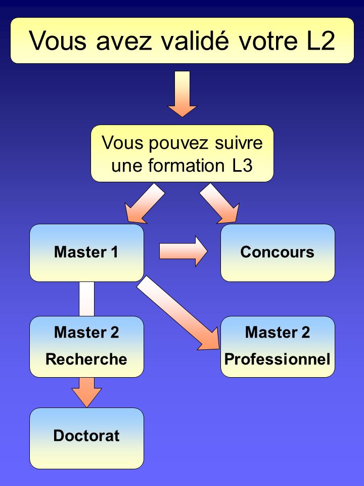 Vous avez validé votre L2 Vous pouvez suivre une formation L3 Master 1 Master 2 Recherche Concours Master 2 Professionnel Doctorat