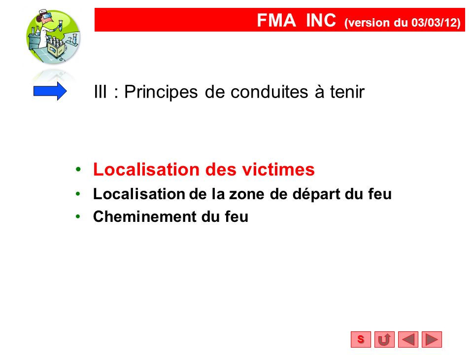 FMA INC (version du 03/03/12) S Localisation des victimes Localisation de la zone de départ du feu Cheminement du feu III : Principes de conduites à tenir