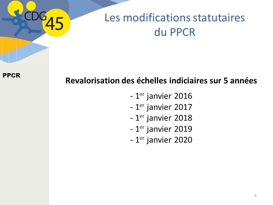 Revalorisation des échelles indiciaires sur 5 années - 1 er janvier er janvier er janvier er janvier er janvier PPCR Les modifications statutaires du PPCR