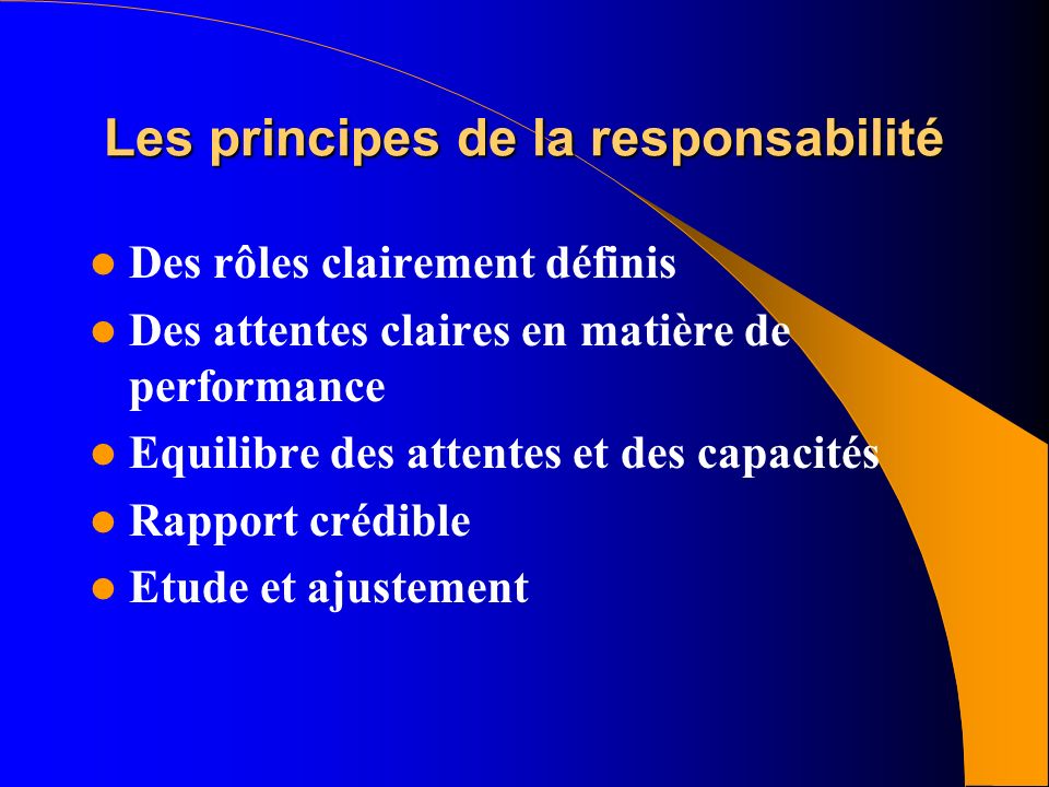 Les principes de la responsabilité Des rôles clairement définis Des attentes claires en matière de performance Equilibre des attentes et des capacités Rapport crédible Etude et ajustement