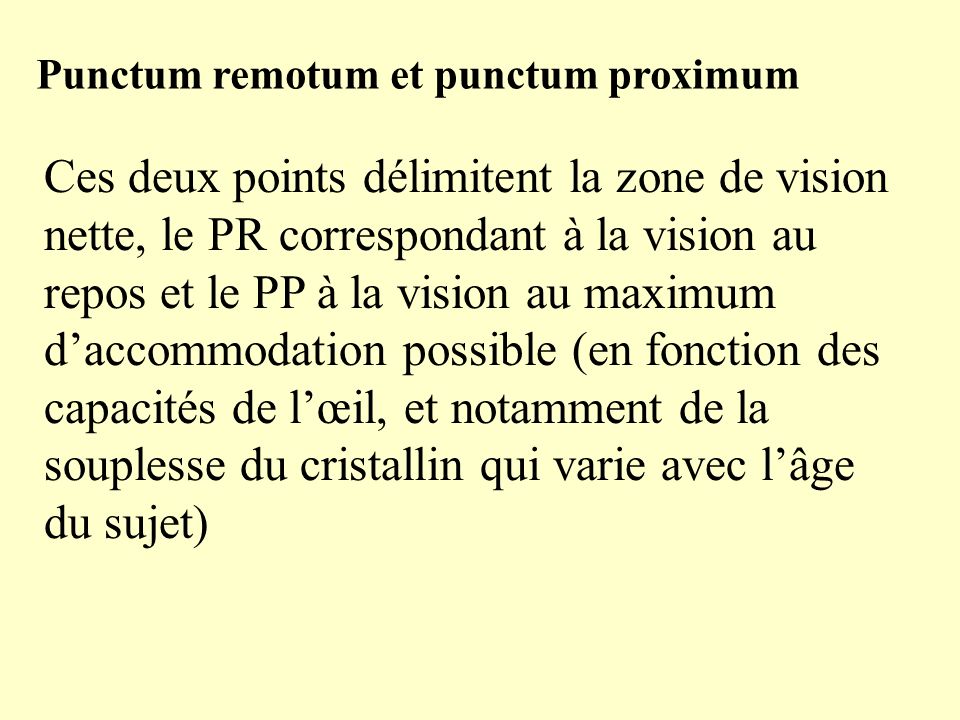Punctum remotum et punctum proximum Ces deux points délimitent la zone de vision nette, le PR correspondant à la vision au repos et le PP à la vision au maximum d’accommodation possible (en fonction des capacités de l’œil, et notamment de la souplesse du cristallin qui varie avec l’âge du sujet)