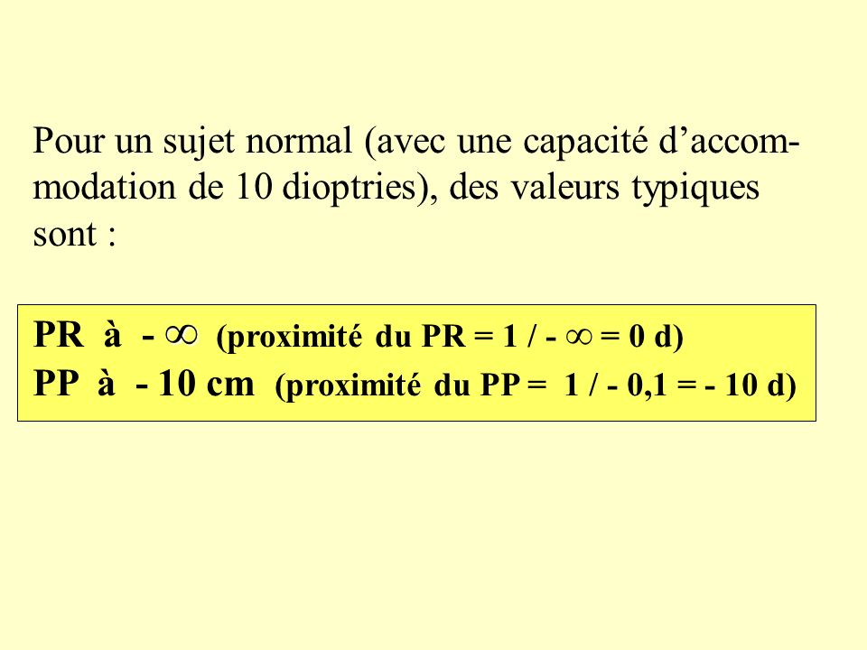 Pour un sujet normal (avec une capacité d’accom- modation de 10 dioptries), des valeurs typiques sont : ∞ PR à - ∞ (proximité du PR = 1 / - ∞ = 0 d) PP à - 10 cm (proximité du PP = 1 / - 0,1 = - 10 d)