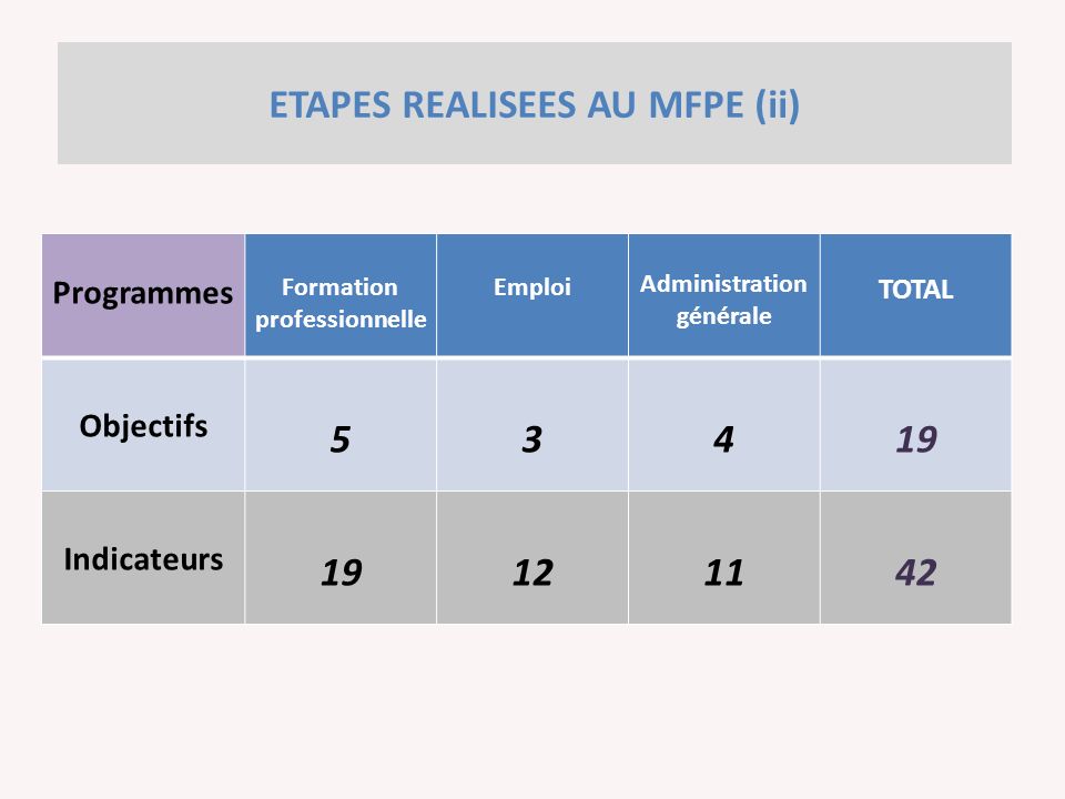 Programmes Formation professionnelle Emploi Administration générale TOTAL Objectifs Indicateurs ETAPES REALISEES AU MFPE (ii)