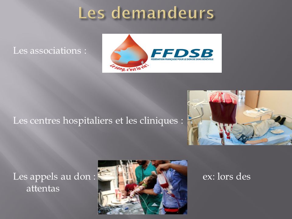 Les associations : Les centres hospitaliers et les cliniques : Les appels au don : ex: lors des attentas