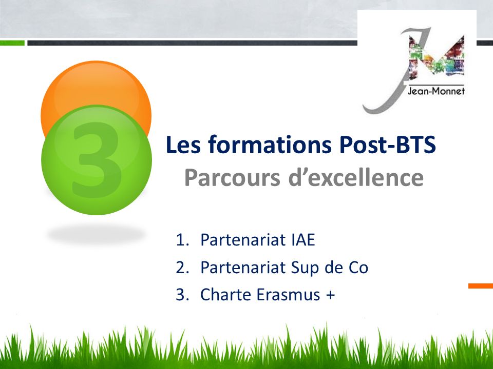 3 Les formations Post-BTS Parcours d’excellence 1.Partenariat IAE 2.Partenariat Sup de Co 3.Charte Erasmus +