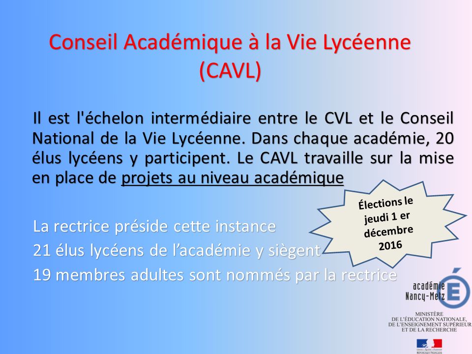 Il est l échelon intermédiaire entre le CVL et le Conseil National de la Vie Lycéenne.