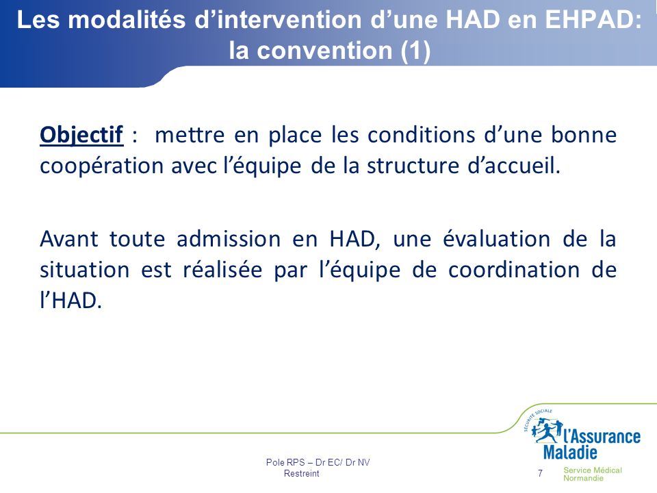 Pole RPS – Dr EC/ Dr NV Restreint7 Les modalités d’intervention d’une HAD en EHPAD: la convention (1) Objectif : mettre en place les conditions d’une bonne coopération avec l’équipe de la structure d’accueil.