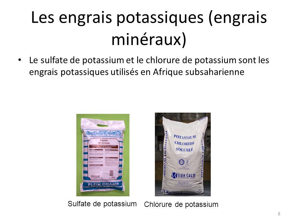 Le sulfate de potassium et le chlorure de potassium sont les engrais potassiques utilisés en Afrique subsaharienne Les engrais potassiques (engrais minéraux) 8 Sulfate de potassium Chlorure de potassium