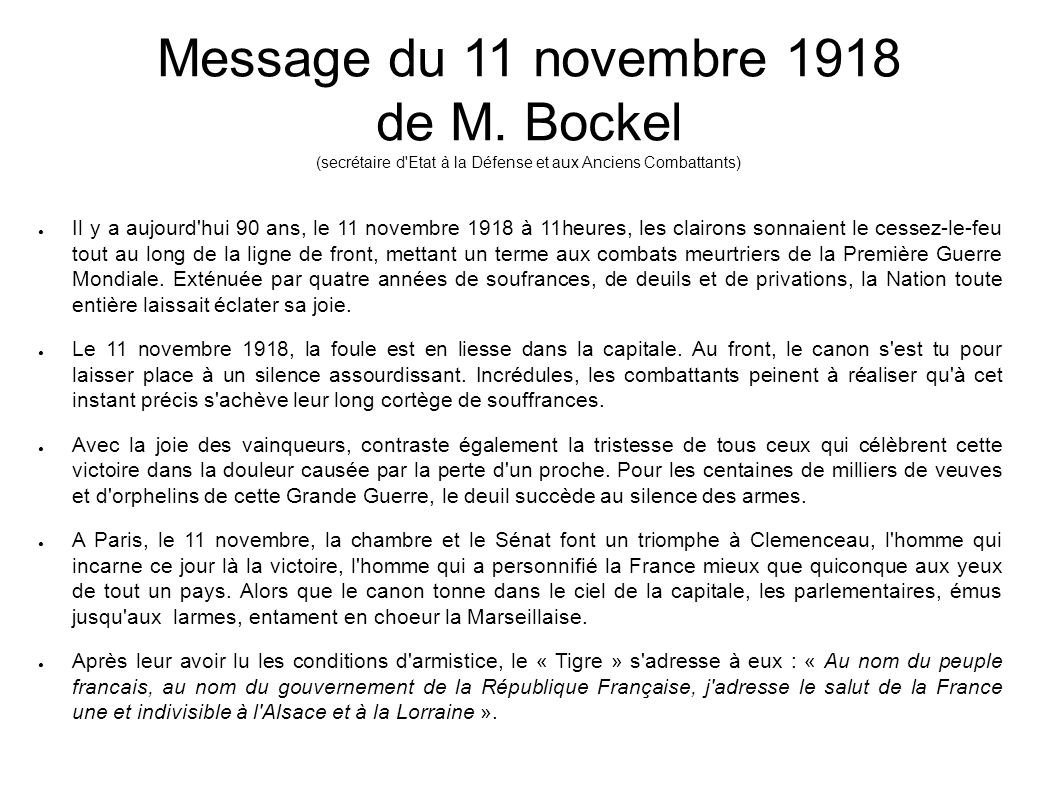 Message du 11 novembre 1918 de M.