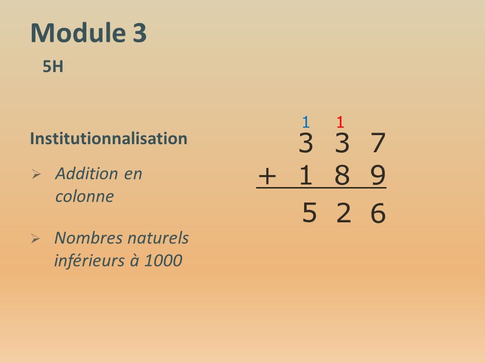Module 3 5H Institutionnalisation  Addition en colonne  Nombres naturels inférieurs à