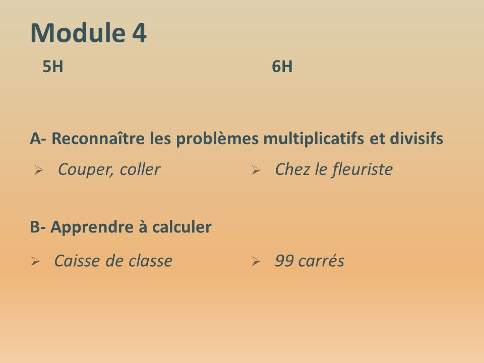 Module 4 5H6H A- Reconnaître les problèmes multiplicatifs et divisifs  Couper, coller  Chez le fleuriste B- Apprendre à calculer  Caisse de classe  99 carrés