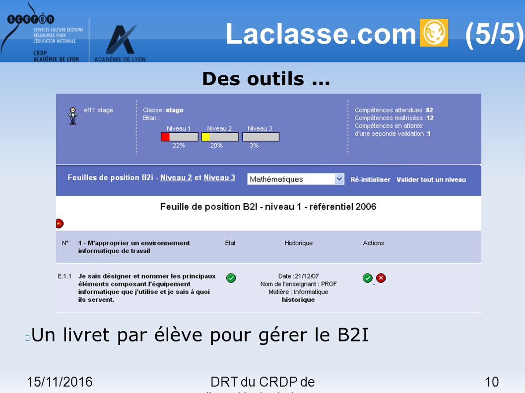 15/11/201610DRT du CRDP de l académie de Lyon Un livret par élève pour gérer le B2I Des outils...