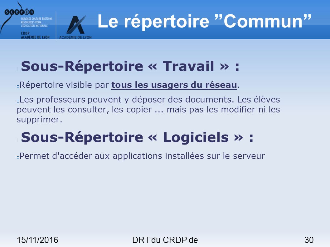 15/11/201630DRT du CRDP de l académie de Lyon Le répertoire Commun Sous-Répertoire « Travail » : Répertoire visible par tous les usagers du réseau.