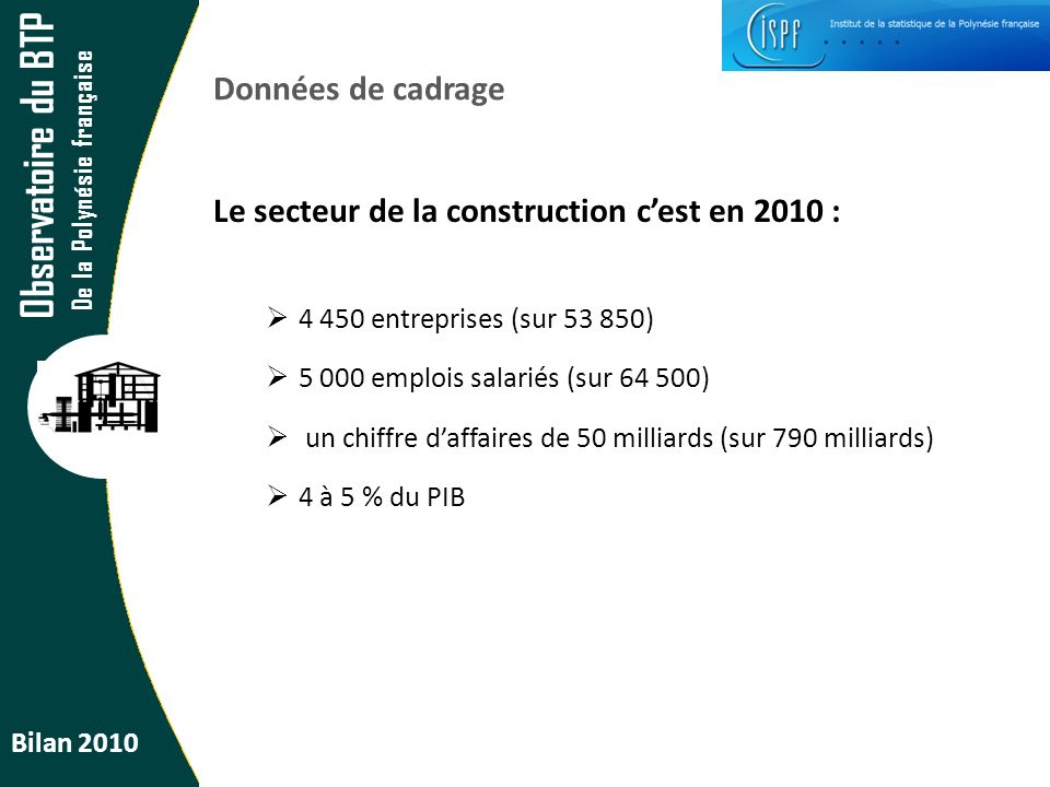 Observatoire du BTP De la Polynésie française Bilan 2010 Données de cadrage Le secteur de la construction c’est en 2010 :  entreprises (sur )  emplois salariés (sur )  un chiffre d’affaires de 50 milliards (sur 790 milliards)  4 à 5 % du PIB