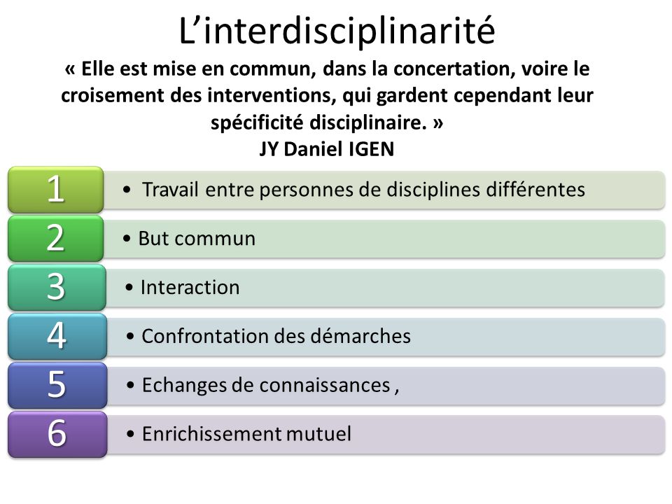 L’interdisciplinarité « Elle est mise en commun, dans la concertation, voire le croisement des interventions, qui gardent cependant leur spécificité disciplinaire.