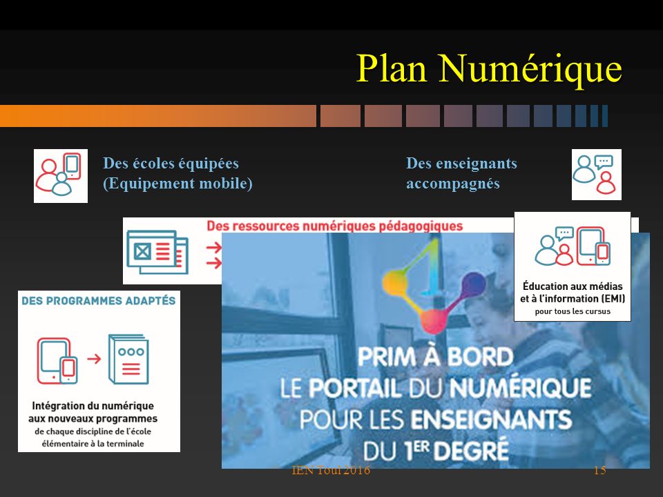 Plan Numérique Des écoles équipées (Equipement mobile) Des enseignants accompagnés 15IEN Toul 2016