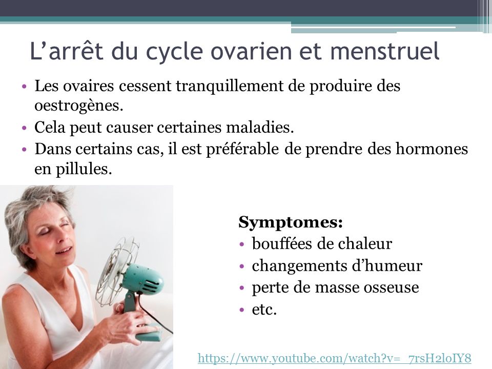 L’arrêt du cycle ovarien et menstruel Les ovaires cessent tranquillement de produire des oestrogènes.