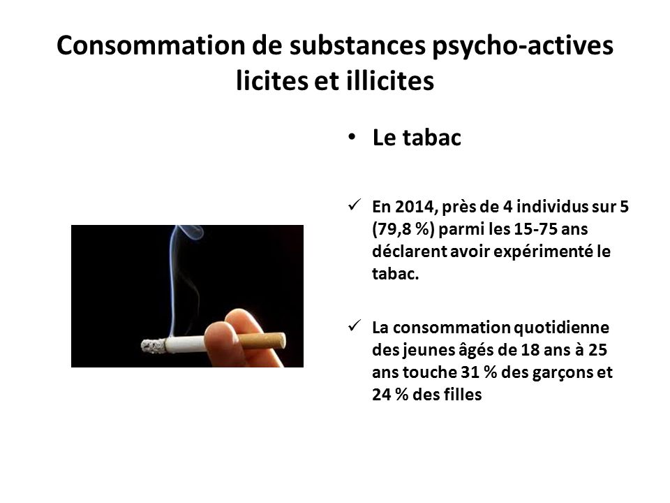 Consommation de substances psycho-actives licites et illicites Le tabac En 2014, près de 4 individus sur 5 (79,8 %) parmi les ans déclarent avoir expérimenté le tabac.