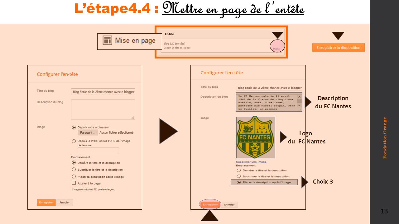 L’étape4.4 : Mettre en page de l’entête Description du FC Nantes Logo du FC Nantes Fondation Orange 13 Choix 3