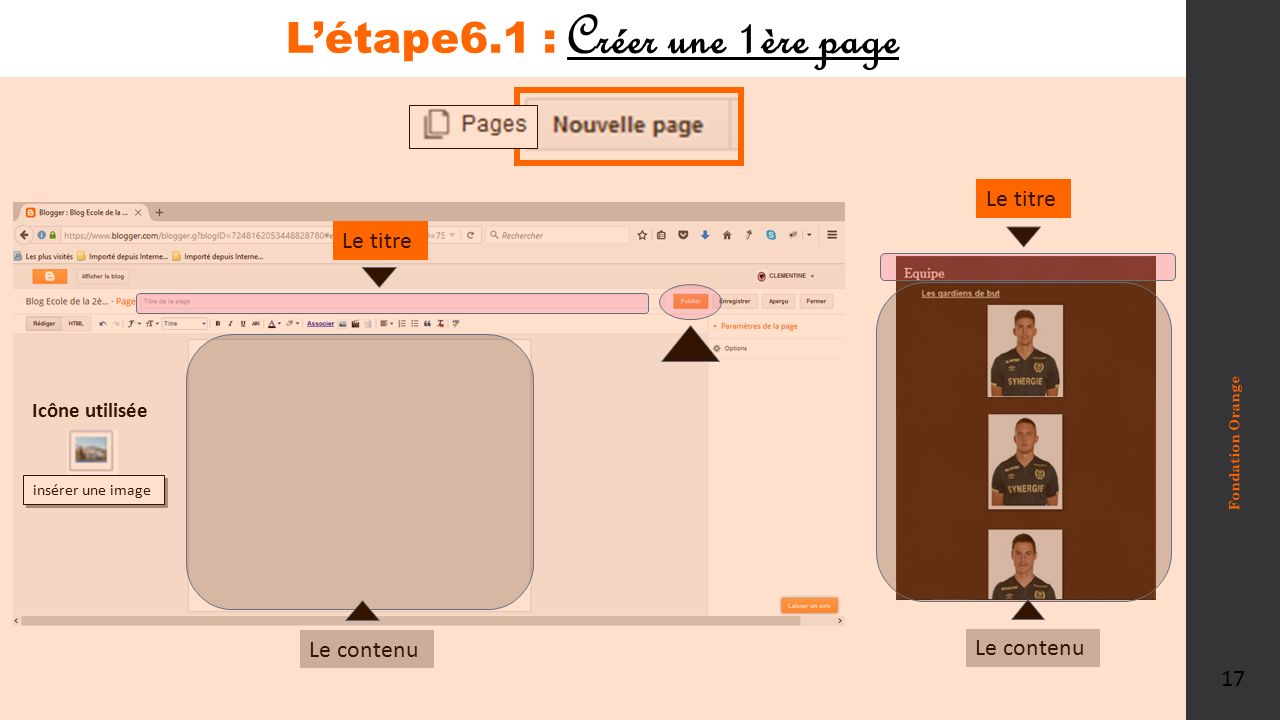 L’étape6.1 : Créer une 1ère page Fondation Orange 17 Le titre Le contenu insérer une image Icône utilisée