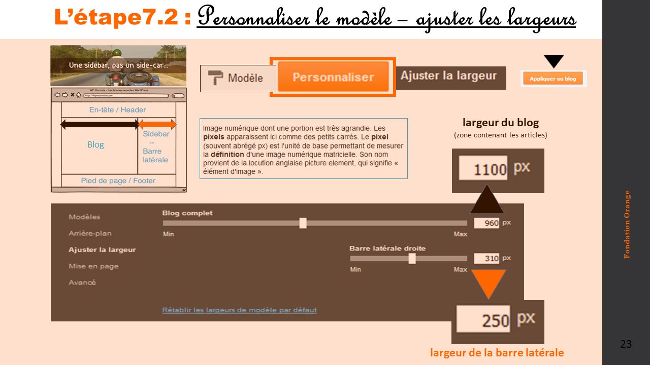 L’étape7.2 : Personnaliser le modèle – ajuster les largeurs Fondation Orange 23 Blog largeur du blog (zone contenant les articles) largeur de la barre latérale