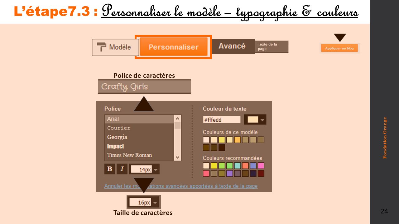 L’étape7.3 : Personnaliser le modèle – typographie & couleurs Fondation Orange 24 Police de caractères Taille de caractères