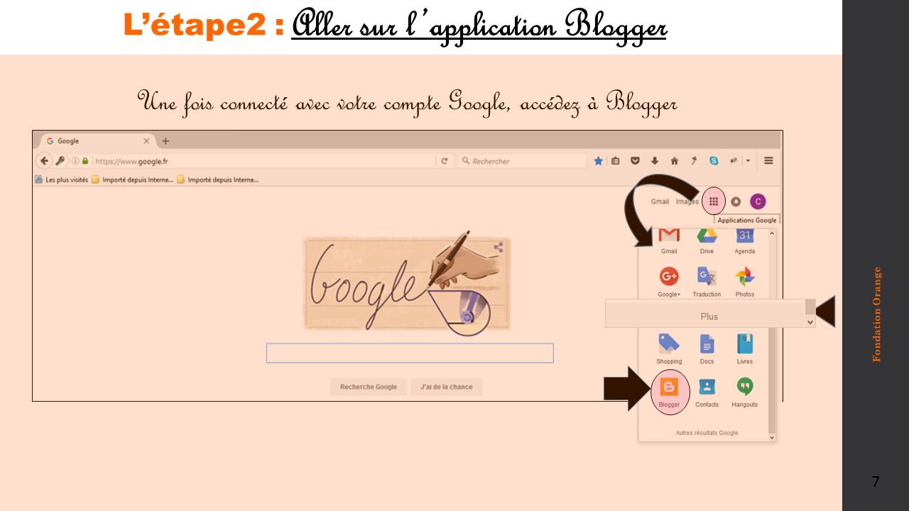 Une fois connecté avec votre compte Google, accédez à Blogger L’étape2 : Aller sur l’application Blogger Fondation Orange 7