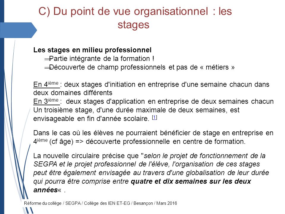 Réforme du collège / SEGPA / Collège des IEN ET-EG / Besançon / Mars 2016 Les stages en milieu professionnel  Partie intégrante de la formation .
