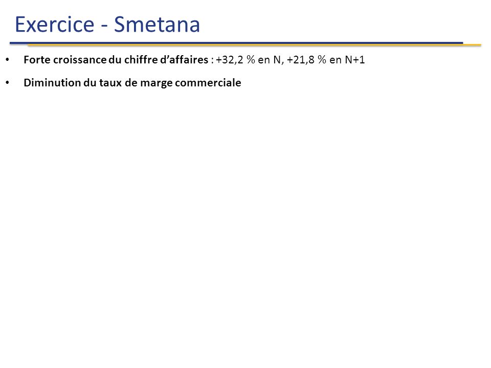 Exercice - Smetana 11 Analyse Financière Forte croissance du chiffre d’affaires : +32,2 % en N, +21,8 % en N+1 Diminution du taux de marge commerciale