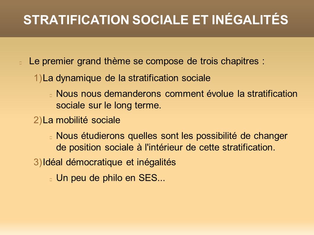 STRATIFICATION SOCIALE ET INÉGALITÉS Le premier grand thème se compose de trois chapitres : 1)La dynamique de la stratification sociale Nous nous demanderons comment évolue la stratification sociale sur le long terme.