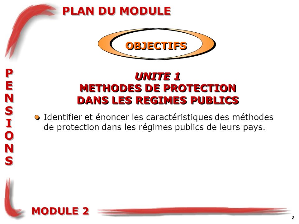 MODULE 2 PENSIONSPENSIONS PENSIONSPENSIONS 2 Identifier et énoncer les caractéristiques des méthodes de protection dans les régimes publics de leurs pays.