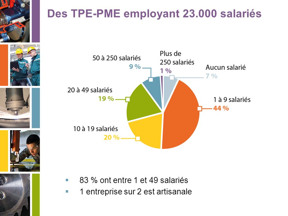 Des TPE-PME employant salariés  83 % ont entre 1 et 49 salariés  1 entreprise sur 2 est artisanale 5