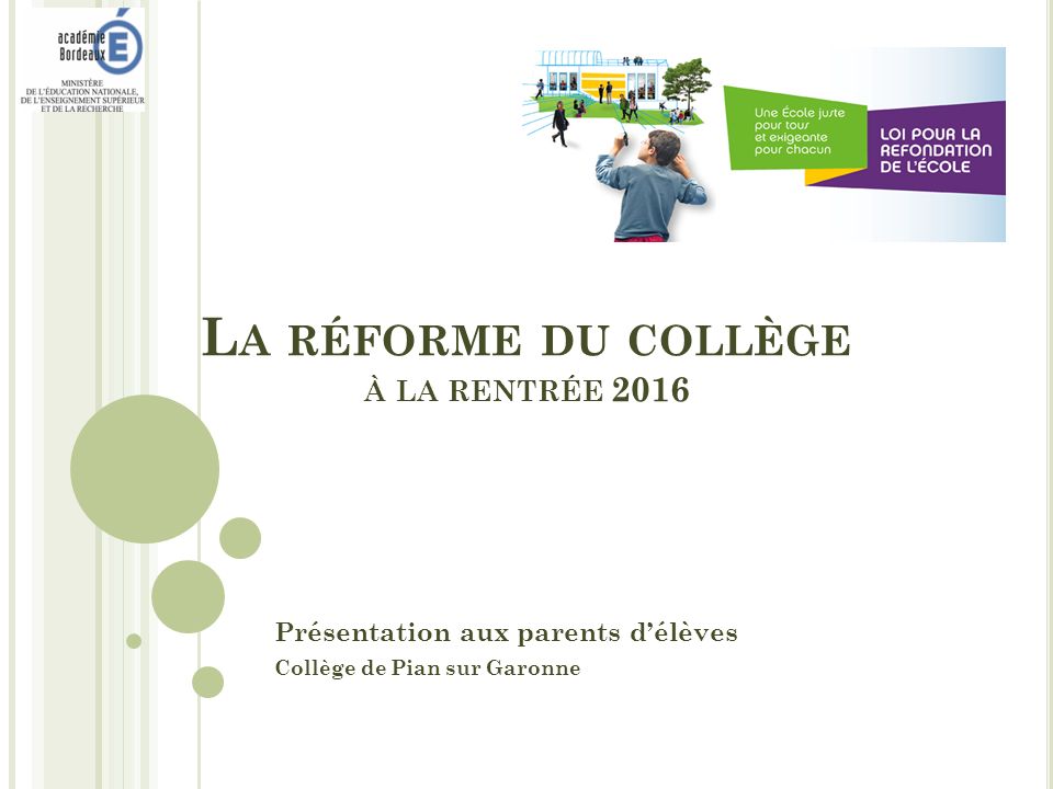 L A RÉFORME DU COLLÈGE À LA RENTRÉE 2016 Présentation aux parents d’élèves Collège de Pian sur Garonne