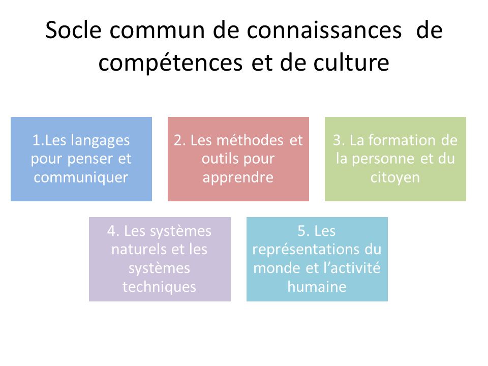 Socle commun de connaissances de compétences et de culture 1.Les langages pour penser et communiquer 2.