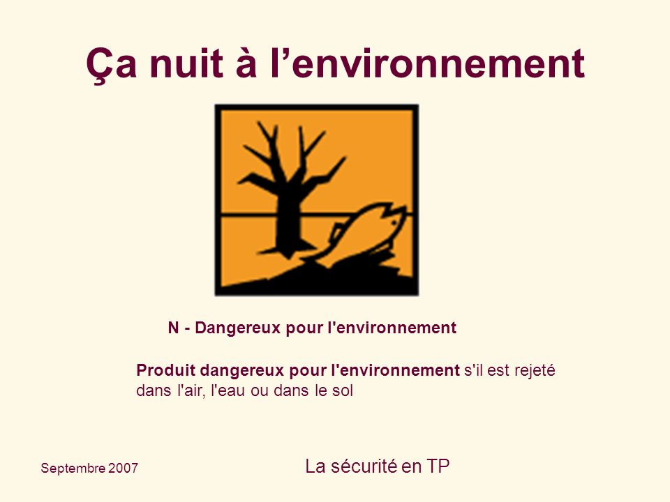 Septembre 2007 La sécurité en TP N - Dangereux pour l environnement Produit dangereux pour l environnement s il est rejeté dans l air, l eau ou dans le sol Ça nuit à l’environnement
