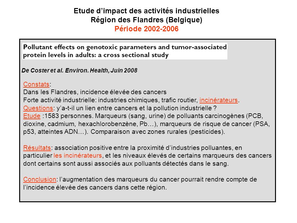 Constats: Dans les Flandres, incidence élevée des cancers Forte activité industrielle: industries chimiques, trafic routier, incinérateurs.
