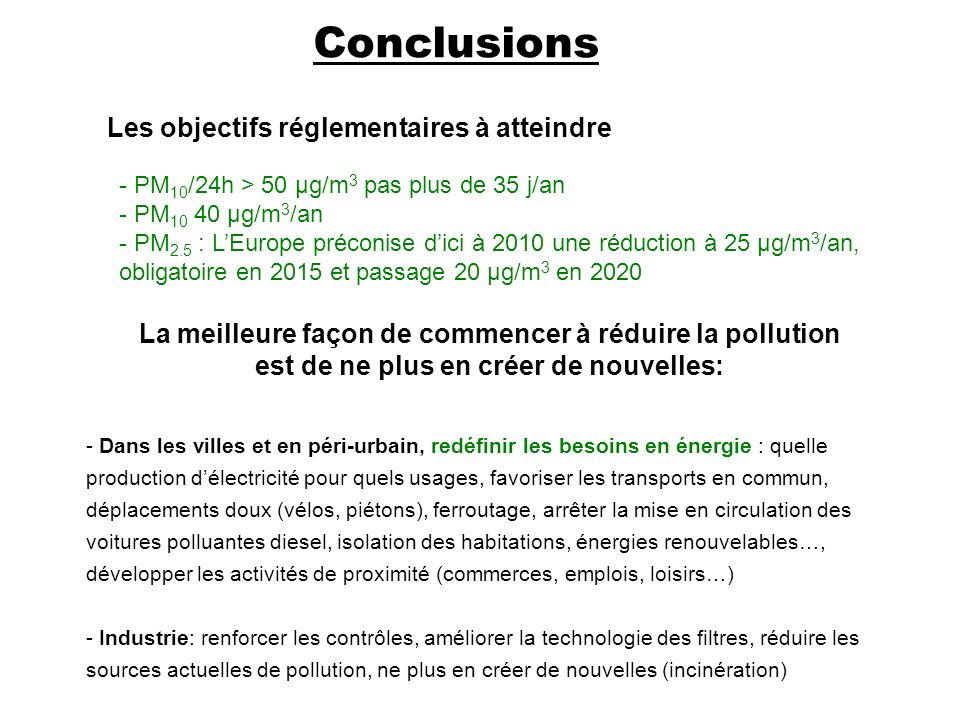 Conclusions - PM 10 /24h > 50 µg/m 3 pas plus de 35 j/an - PM µg/m 3 /an - PM 2.5 : L’Europe préconise d’ici à 2010 une réduction à 25 µg/m 3 /an, obligatoire en 2015 et passage 20 µg/m 3 en 2020 Les objectifs réglementaires à atteindre La meilleure façon de commencer à réduire la pollution est de ne plus en créer de nouvelles: - Dans les villes et en péri-urbain, redéfinir les besoins en énergie : quelle production d’électricité pour quels usages, favoriser les transports en commun, déplacements doux (vélos, piétons), ferroutage, arrêter la mise en circulation des voitures polluantes diesel, isolation des habitations, énergies renouvelables…, développer les activités de proximité (commerces, emplois, loisirs…) - Industrie: renforcer les contrôles, améliorer la technologie des filtres, réduire les sources actuelles de pollution, ne plus en créer de nouvelles (incinération)