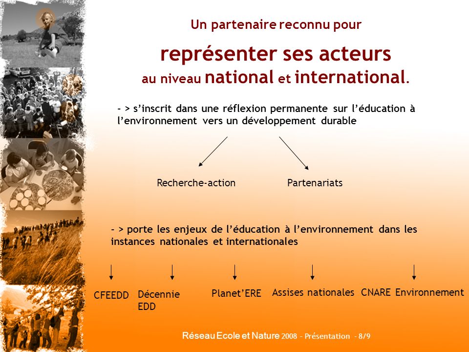 Réseau Ecole et Nature 2008 – Présentation - 8/9 Un partenaire reconnu pour représenter ses acteurs au niveau national et international.