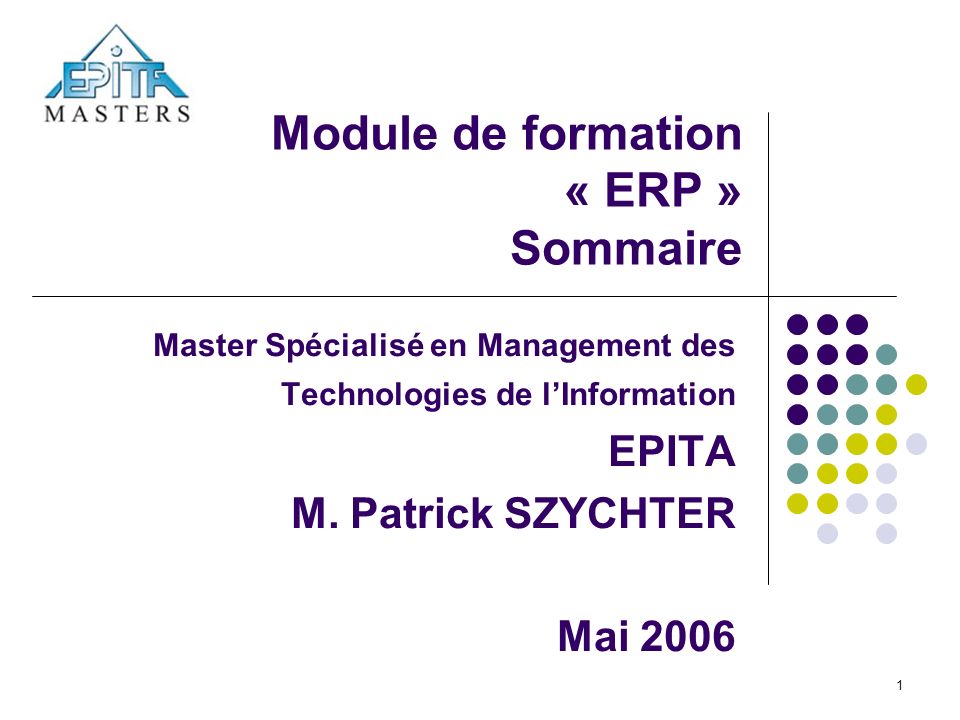 1 Module de formation « ERP » Sommaire Master Spécialisé en Management des Technologies de l’Information EPITA M.