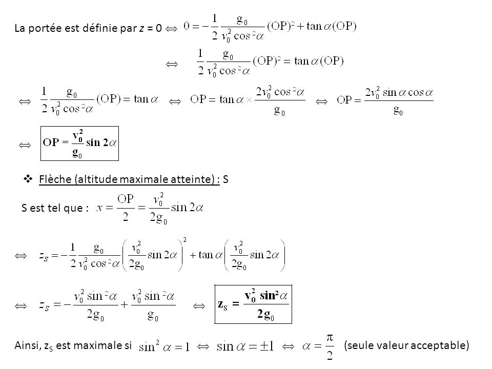 La portée est définie par z = 0      Flèche (altitude maximale atteinte) : S S est tel que :   Ainsi, z S est maximale si  (seule valeur acceptable)