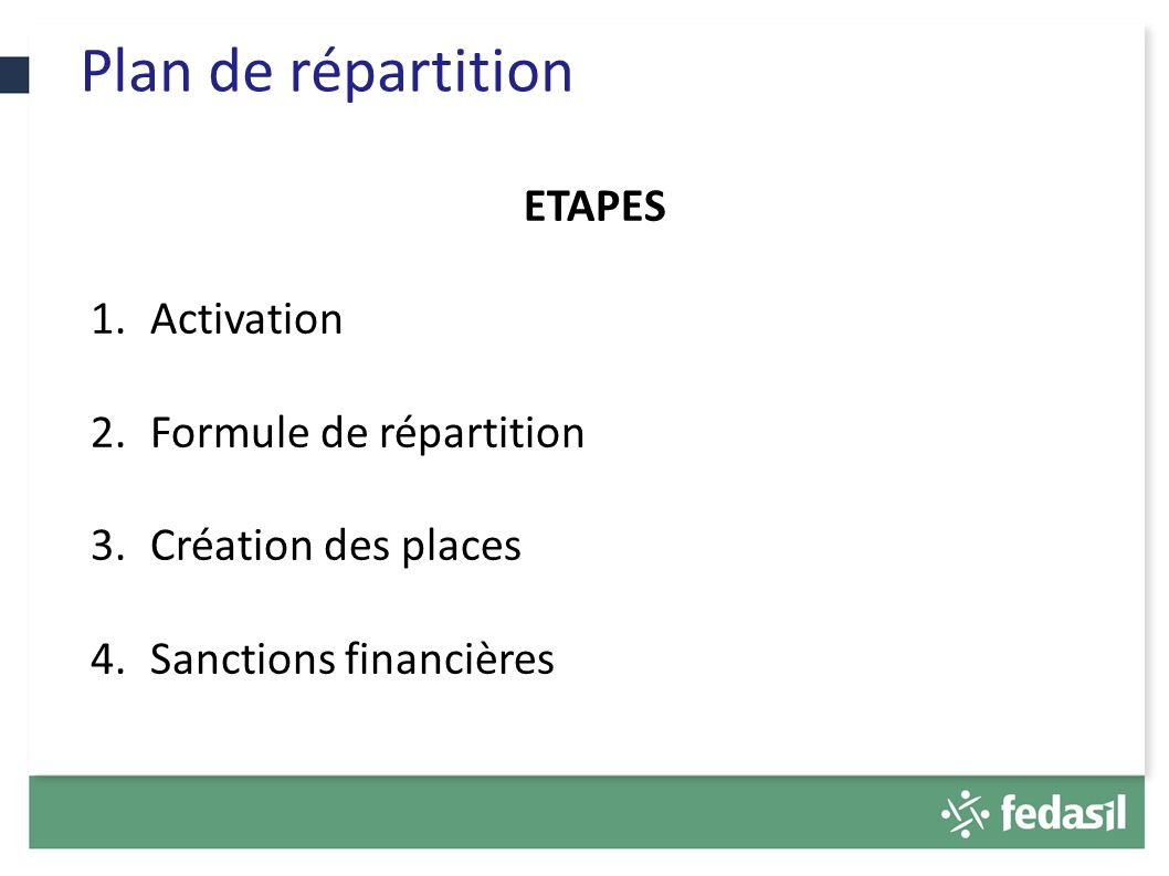 Plan de répartition D ETAPES 1.Activation 2.Formule de répartition 3.Création des places 4.Sanctions financières