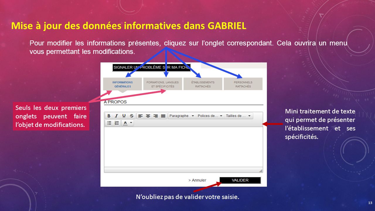 Mise à jour des données informatives dans GABRIEL Pour modifier les informations présentes, cliquez sur l’onglet correspondant.