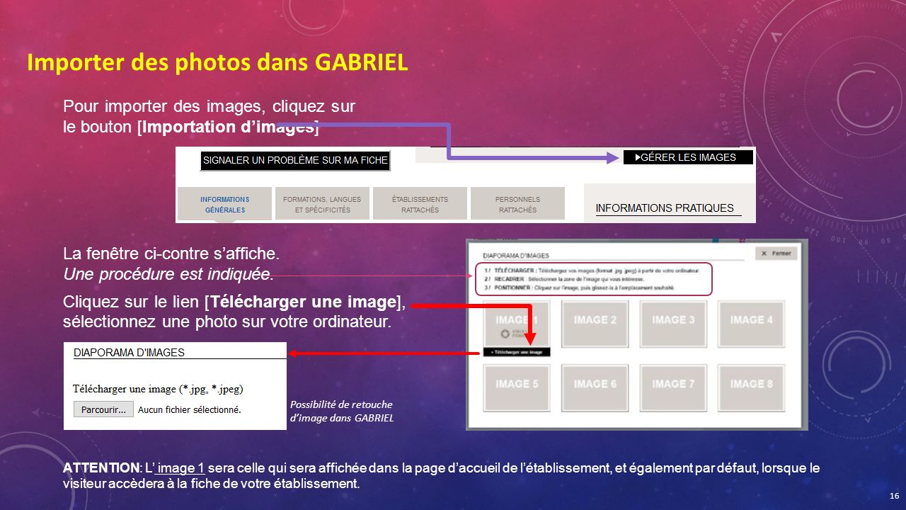 Importer des photos dans GABRIEL Pour importer des images, cliquez sur le bouton [Importation d’images] La fenêtre ci-contre s’affiche.