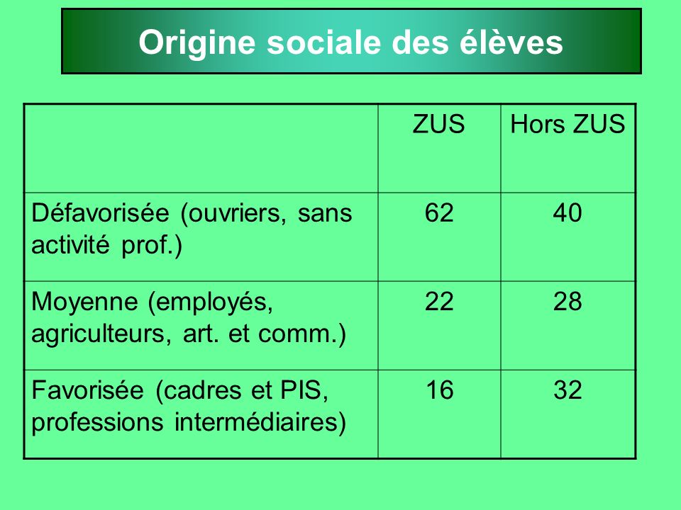 Origine sociale des élèves ZUSHors ZUS Défavorisée (ouvriers, sans activité prof.) 6240 Moyenne (employés, agriculteurs, art.