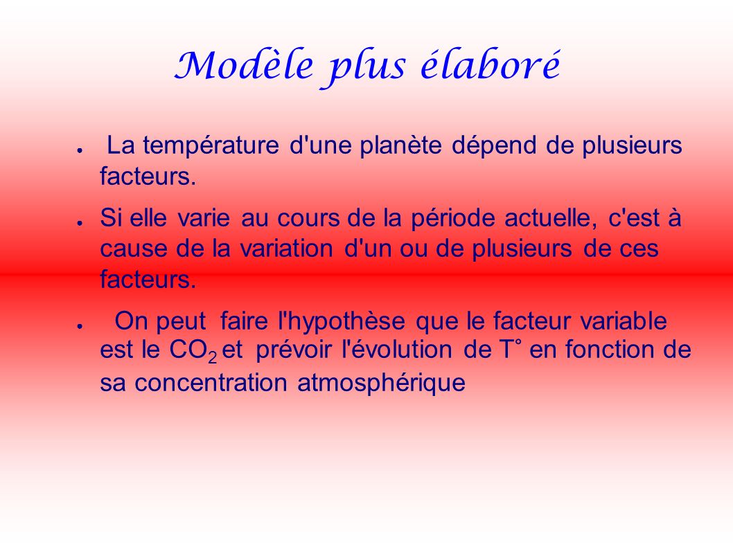 Modèle plus élaboré ● La température d une planète dépend de plusieurs facteurs.
