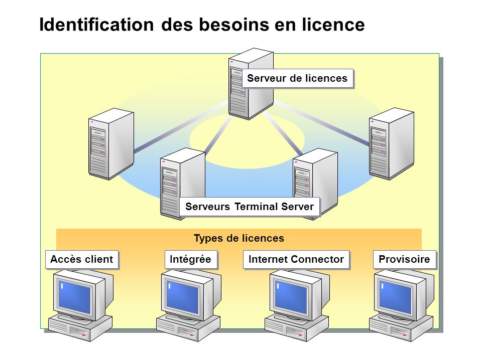 Identification des besoins en licence Types de licences Accès client Intégrée Internet Connector Provisoire Serveur de licences Serveurs Terminal Server